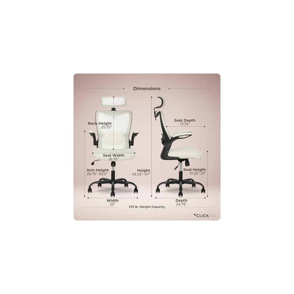 Click365 Ergonomic High Back Mesh Office Chair, Adjustable Headrest & Lumbar Support, Flip-Up Arms, Swivel Computer Desk Chair for Home Office, Gray