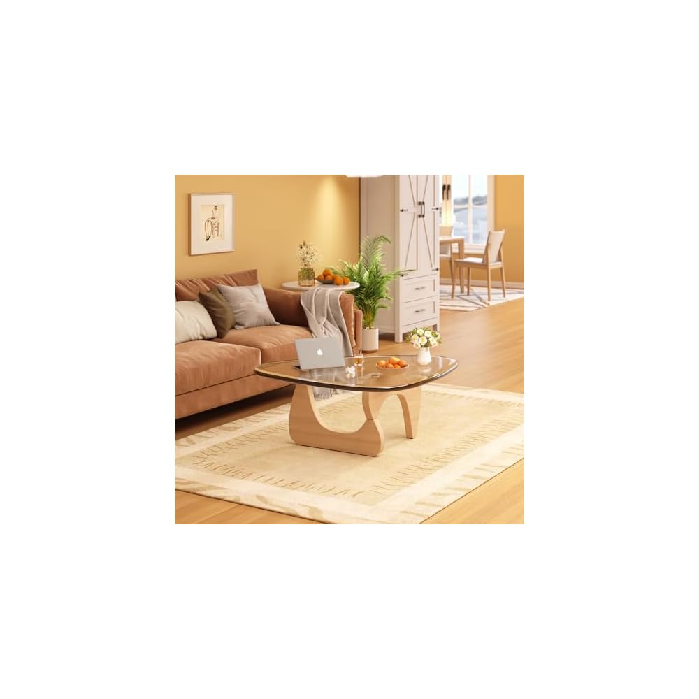 Coffee Table for Living Room Mid Century Modern Center Table with Glass Top and Wood, 32 Inch, Brown/Black