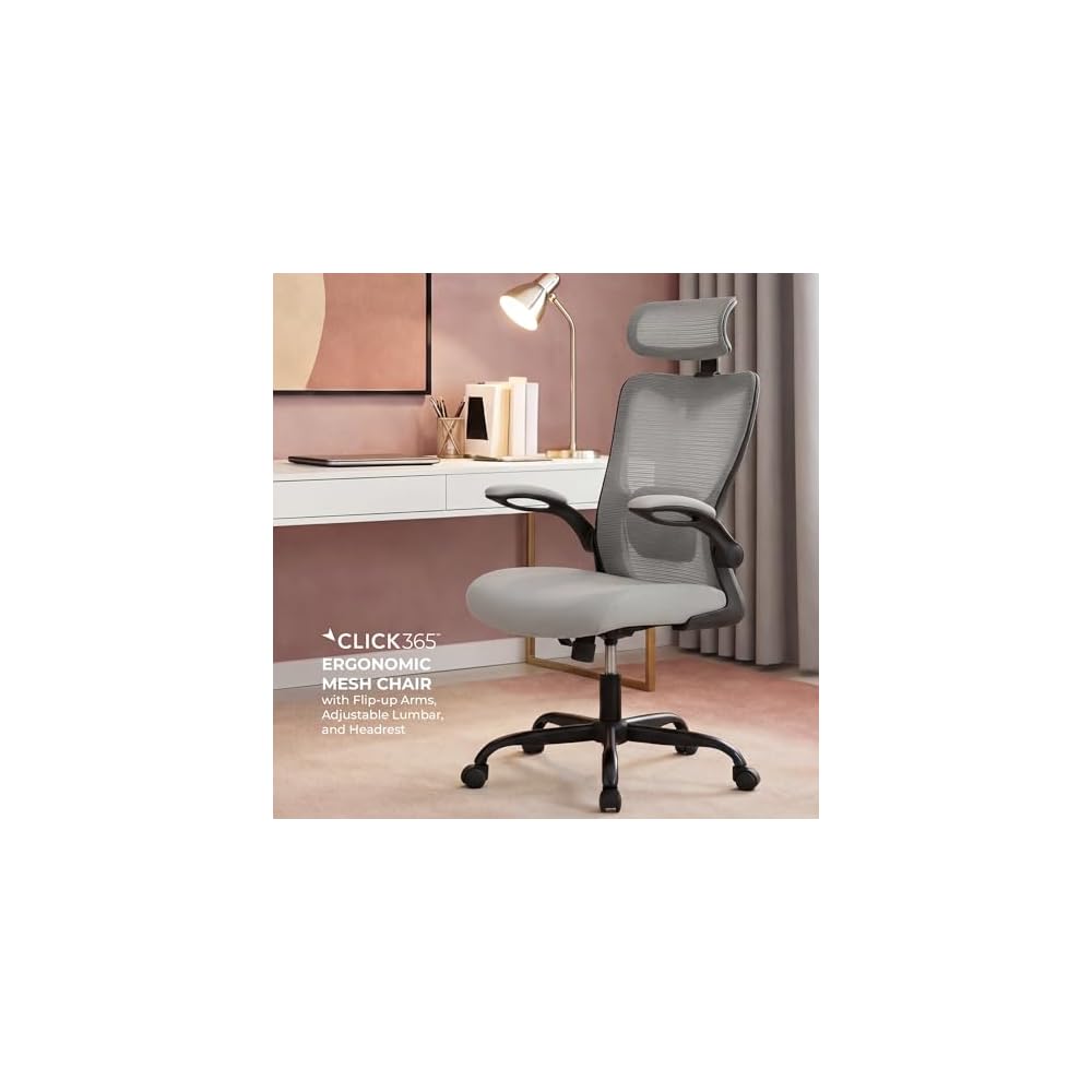Click365 Ergonomic High Back Mesh Office Chair, Adjustable Headrest & Lumbar Support, Flip-Up Arms, Swivel Computer Desk Chair for Home Office, Gray