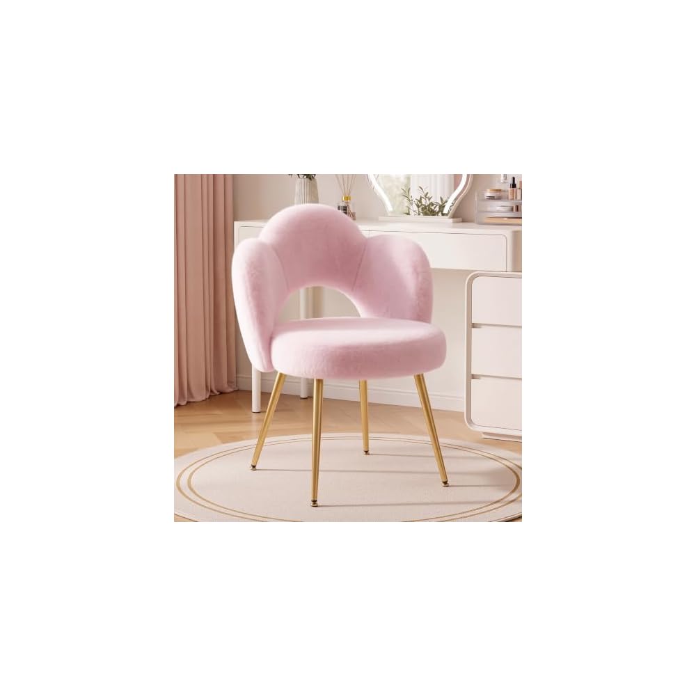 Vanity Chair with Gold Legs, Fluffy Makeup Chair for Bedroom, Pink