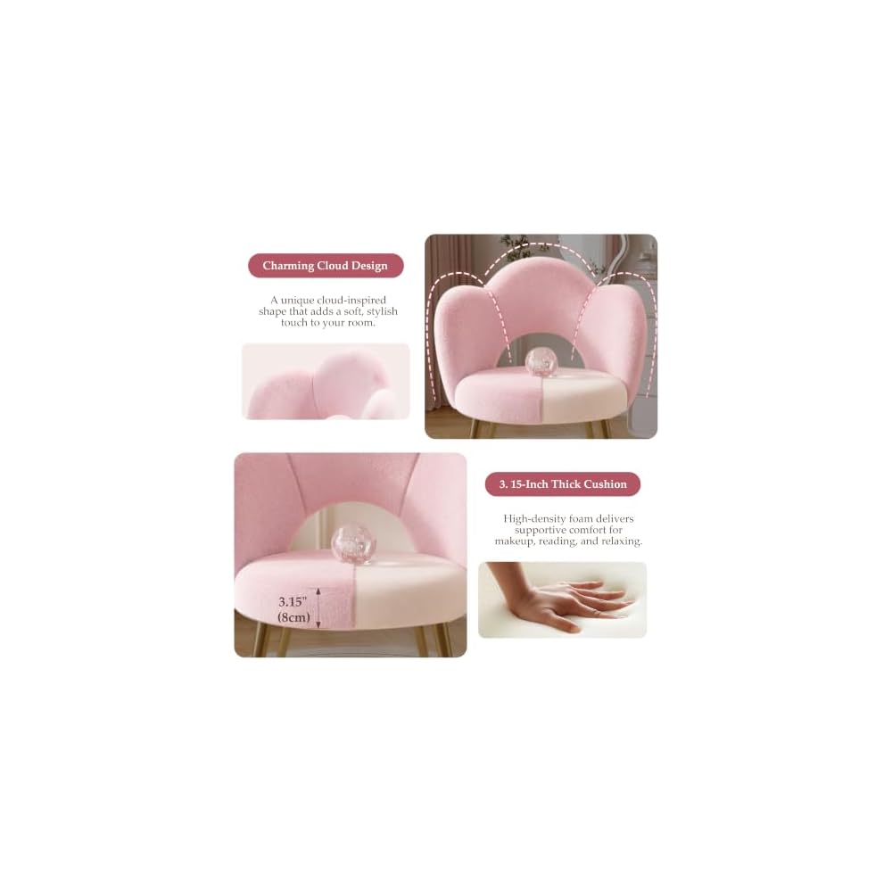 Vanity Chair with Gold Legs, Fluffy Makeup Chair for Bedroom, Pink