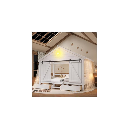 Bellemave Twin Farmhouse Platform Bed with Bulb and Drawers, White