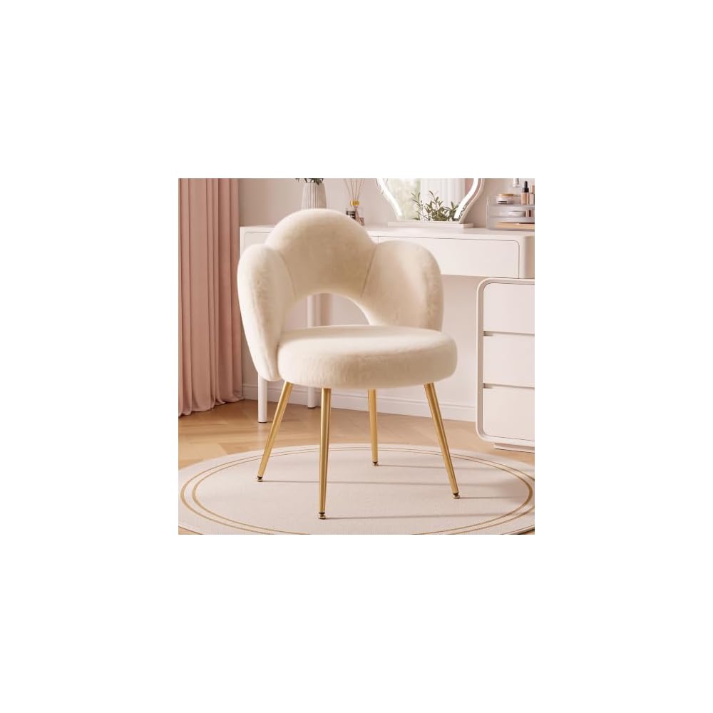 Vanity Chair with Gold Legs, Fluffy Makeup Chair for Bedroom, Pink