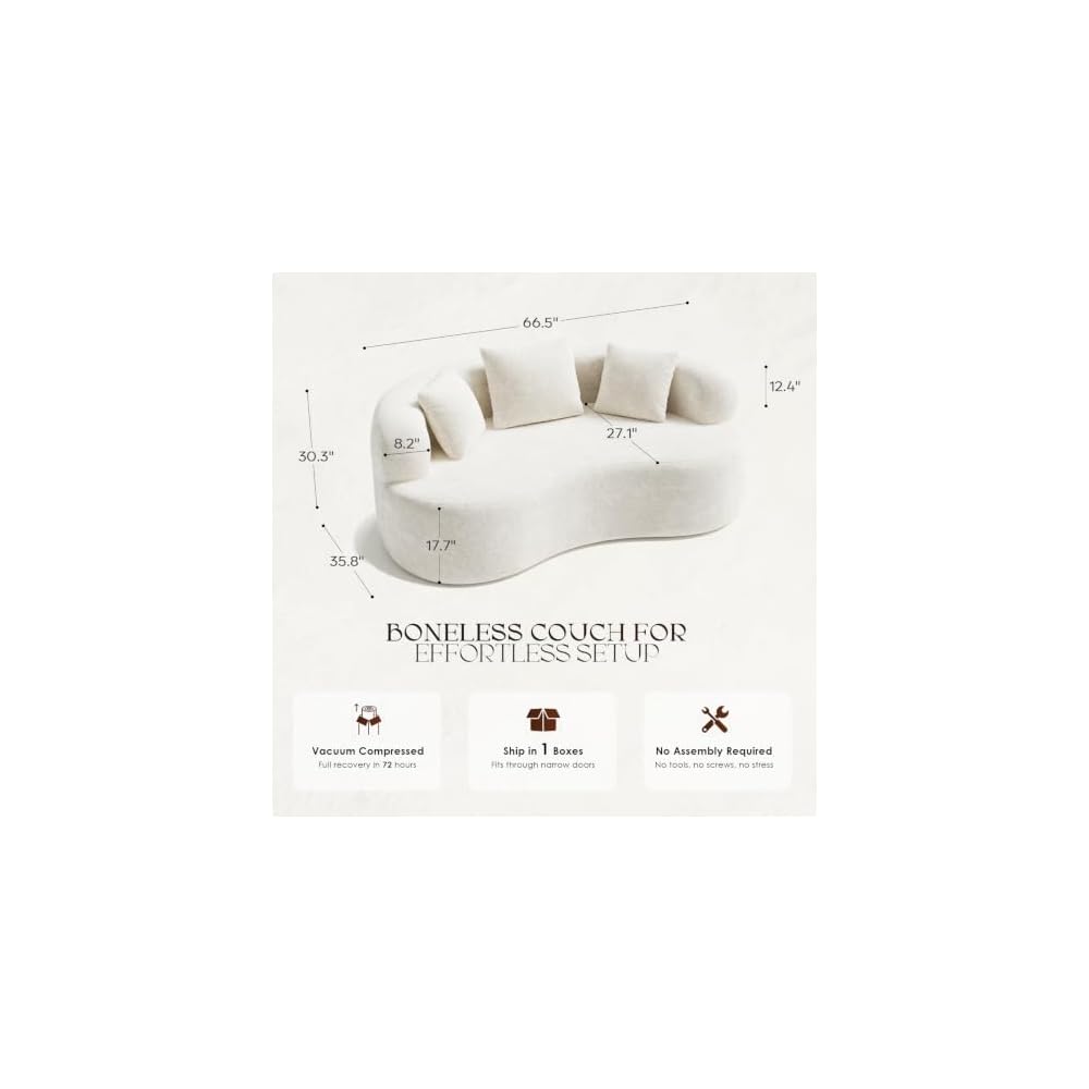 66" Boneless Loveseat Sofa Modern Curved Couch for Small Spaces Cream White