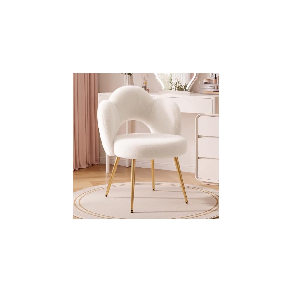 Vanity Chair with Gold Legs, Fluffy Makeup Chair for Bedroom, Pink