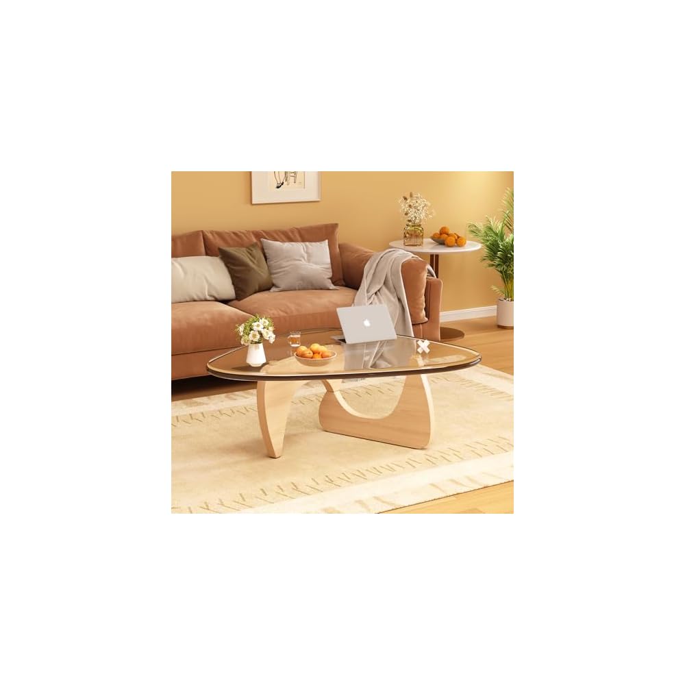 Coffee Table for Living Room Mid Century Modern Center Table with Glass Top and Wood, 32 Inch, Brown/Black