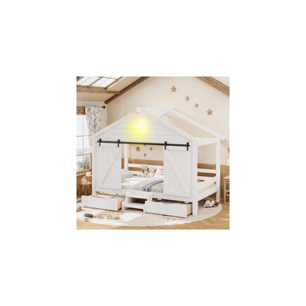 Bellemave Twin Farmhouse Platform Bed with Bulb and Drawers, White