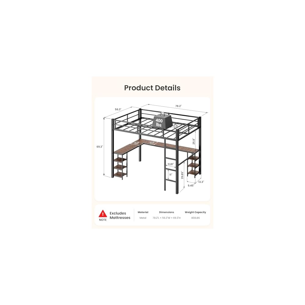 Full Loft Bed with Desk & Shelves for Teens/Adults, Guardrails, Ladder