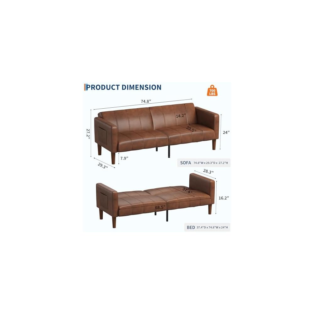 Garvee 75" Faux Leather Sofa Bed, Three Adjustable Angles, Brown