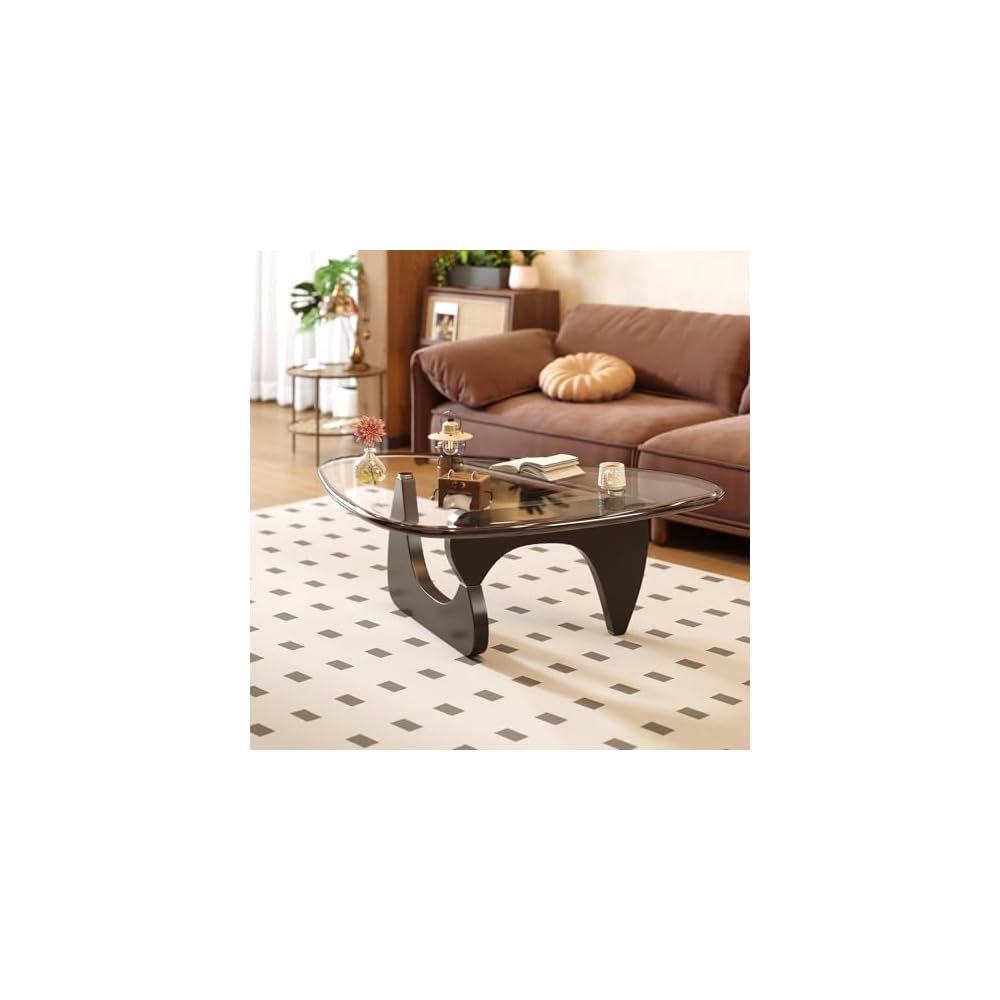Coffee Table for Living Room Mid Century Modern Center Table with Glass Top and Wood, 32 Inch, Brown/Black