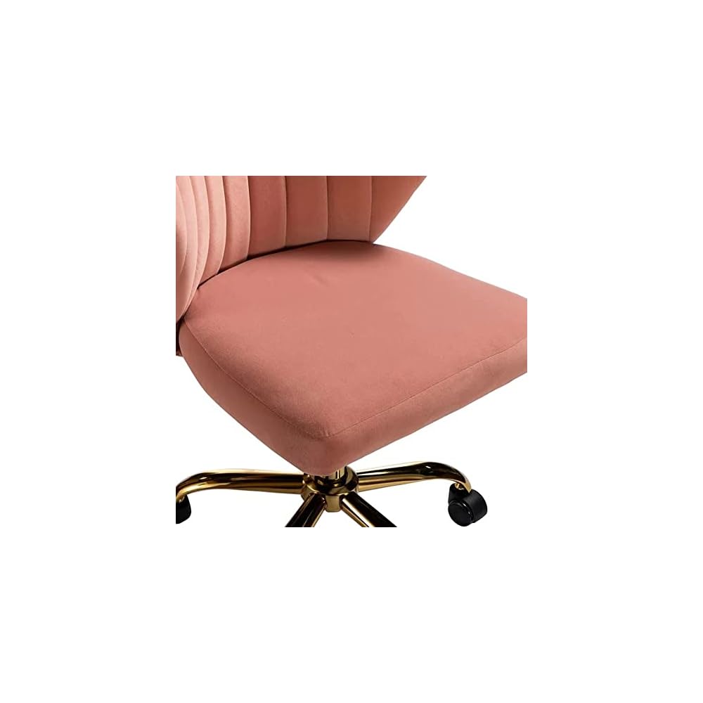 Comfy Home Office Velvet Task Chair,Cushioned Channel-Tufted Seat & Contoured Back|Ergonomic Desk Reclining Gaming |Gold Finished Metal Legs Wheels,Seat Height Adjustable & Swivel, Light Pink Color
