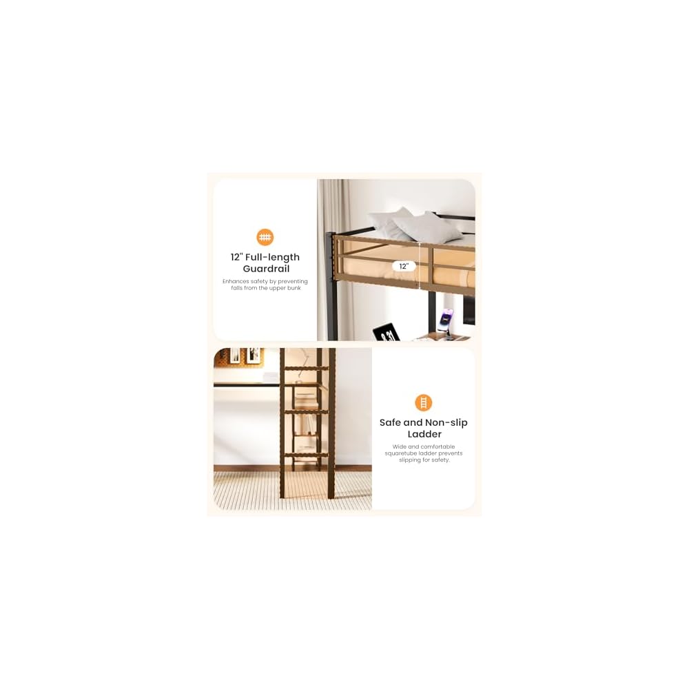 Full Loft Bed with Desk & Shelves for Teens/Adults, Guardrails, Ladder