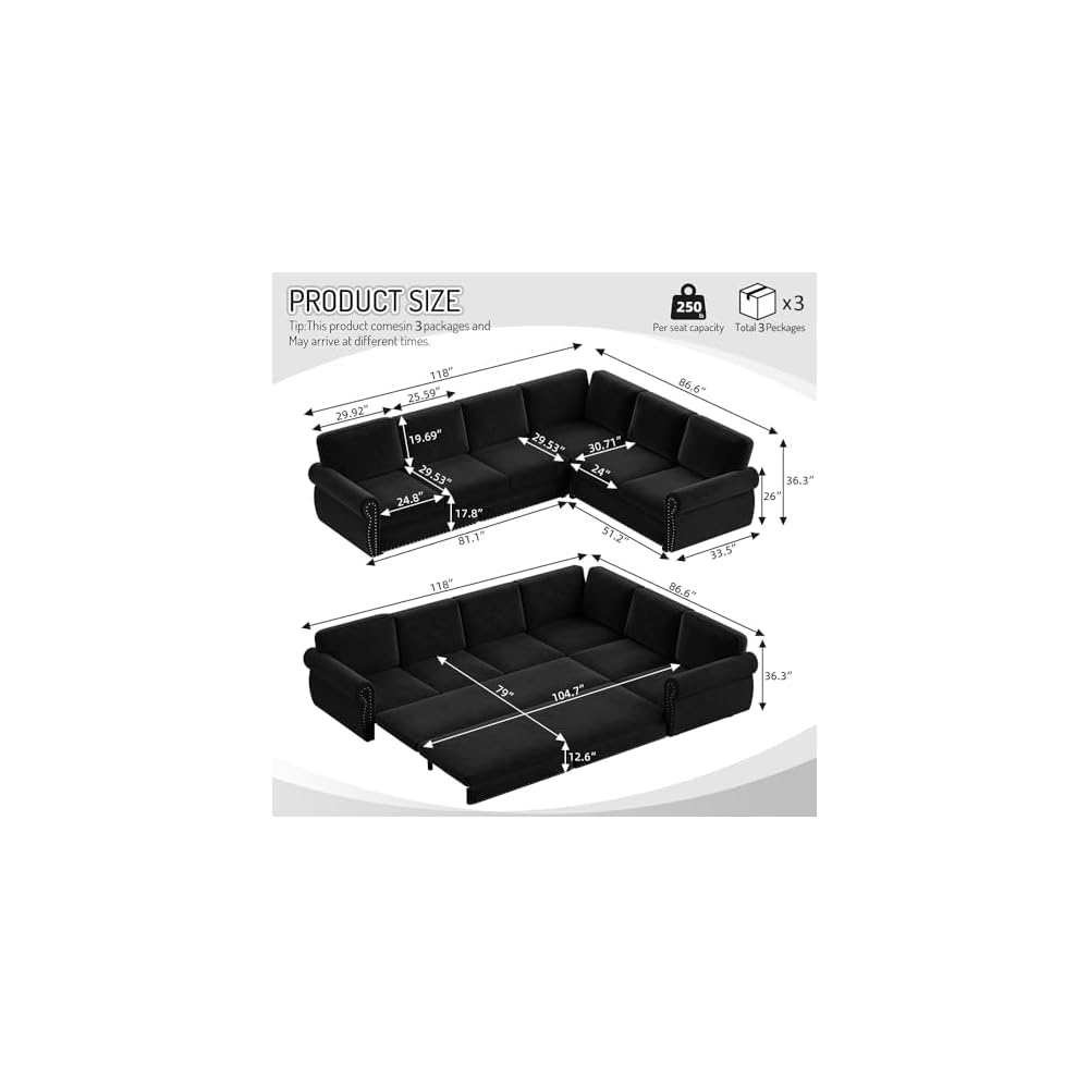 KCGKCG 118" Sleeper Sofa Bed, Sectional Couches for Living Room/Apartment, Chenille L Shaped Couch with Pull Out Couch Bed, Convertible Sectional Sofa with Rolled Arm & Nailhead Trim, Black