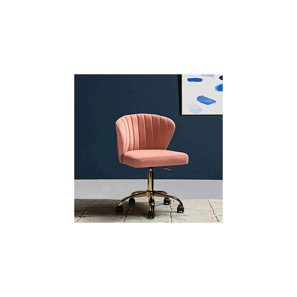 Comfy Home Office Velvet Task Chair,Cushioned Channel-Tufted Seat & Contoured Back|Ergonomic Desk Reclining Gaming |Gold Finished Metal Legs Wheels,Seat Height Adjustable & Swivel, Light Pink Color