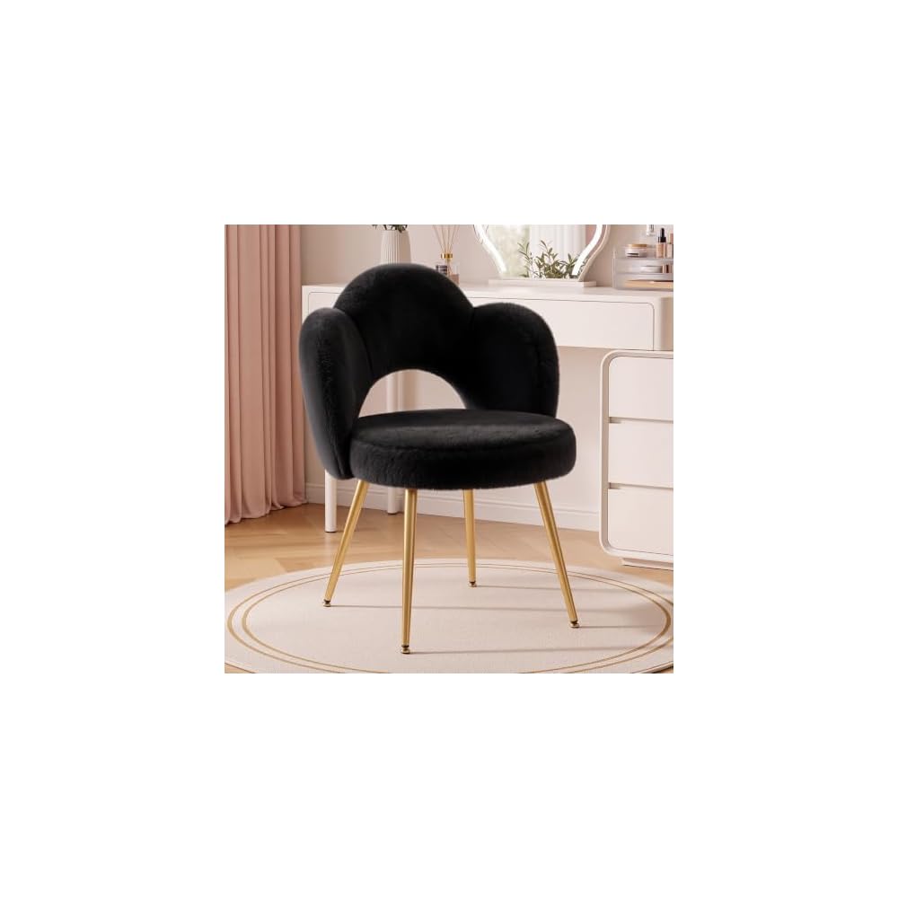 Vanity Chair with Gold Legs, Fluffy Makeup Chair for Bedroom, Pink
