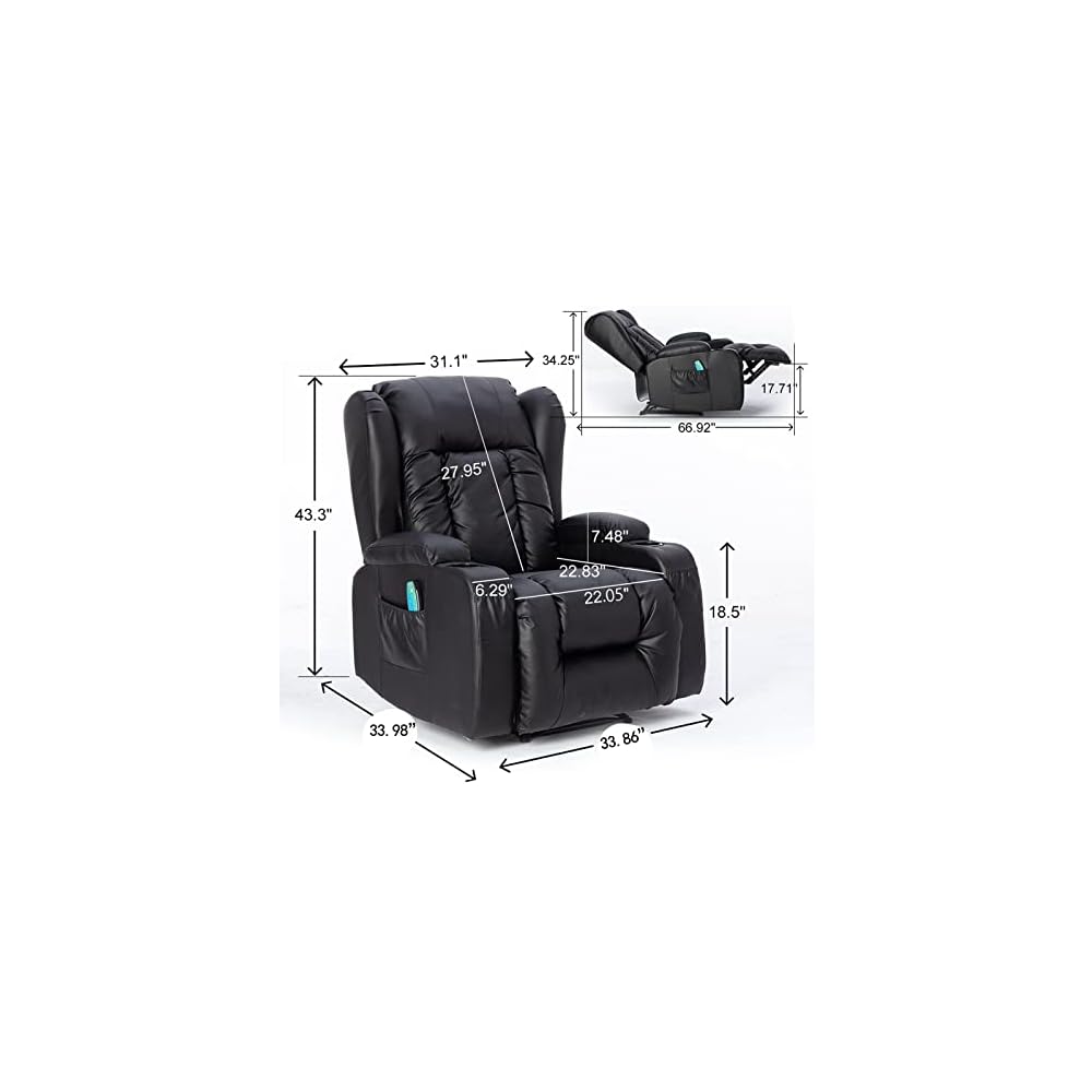 Leather Recliner Chair, Modern Living Room Chair for Adults with Massage and Heating Functions, Recliner Rocking Chair for Bedroom with Remote Control, Lazy Boy Recliner for Small Spaces (Black)