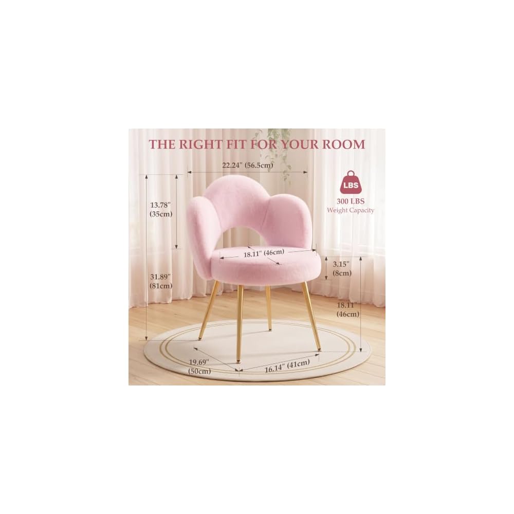 Vanity Chair with Gold Legs, Fluffy Makeup Chair for Bedroom, Pink