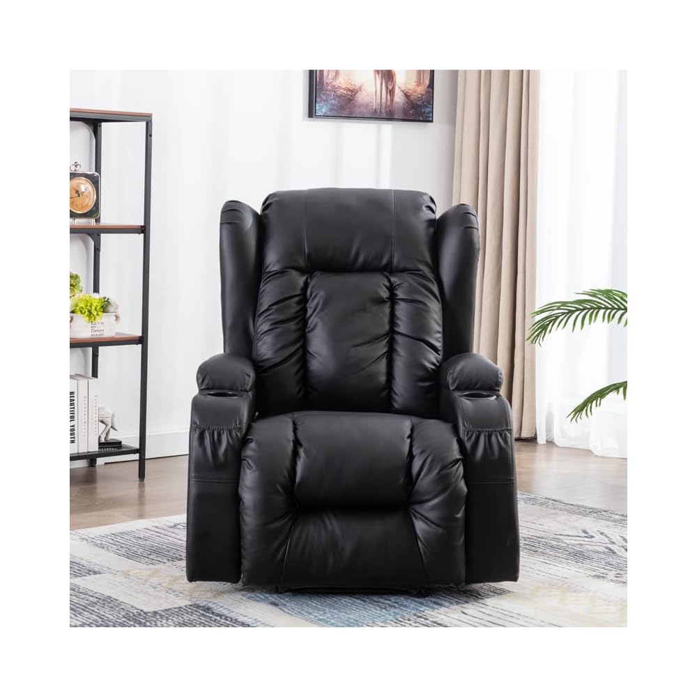 Leather Recliner Chair, Modern Living Room Chair for Adults with Massage and Heating Functions, Recliner Rocking Chair for Bedroom with Remote Control, Lazy Boy Recliner for Small Spaces (Black)