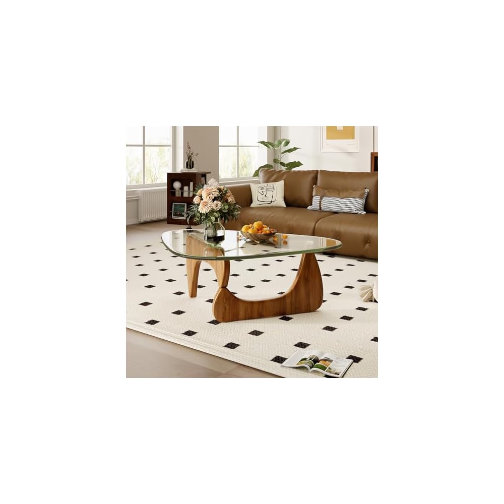 Coffee Table for Living Room Mid Century Modern Center Table with Glass Top and Wood, 32 Inch, Brown/Black