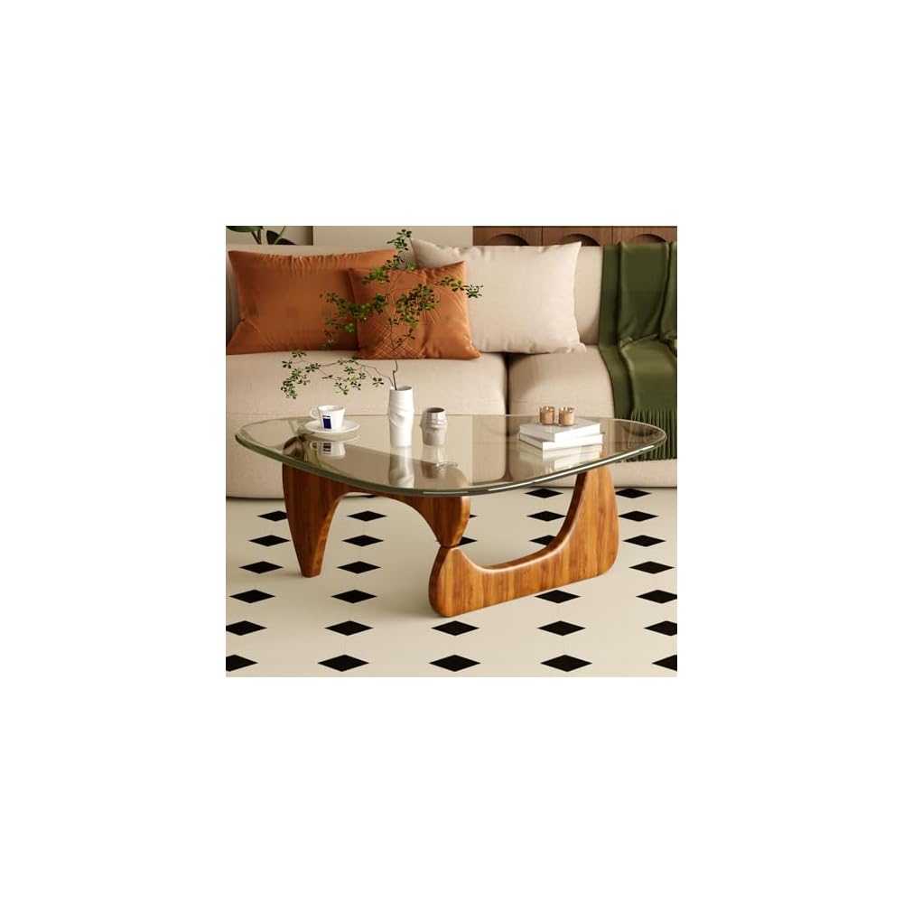 Coffee Table for Living Room Mid Century Modern Center Table with Glass Top and Wood, 32 Inch, Brown/Black