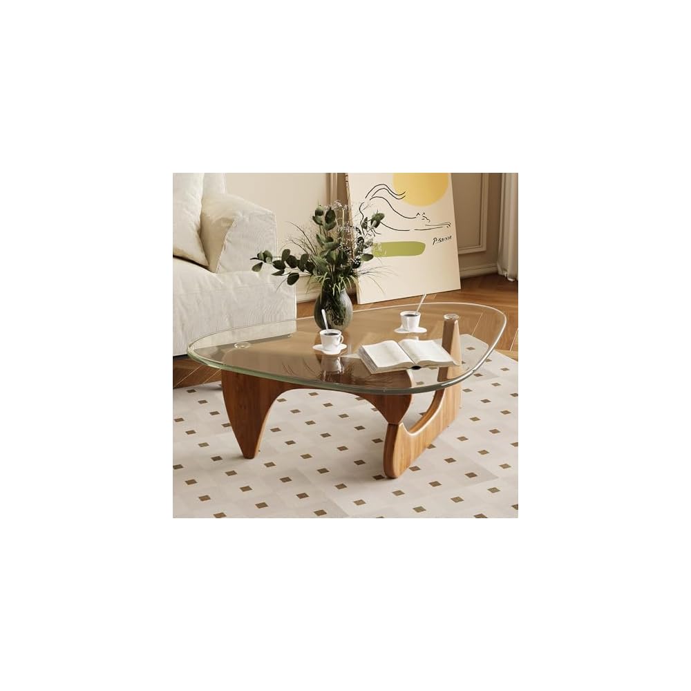 Coffee Table for Living Room Mid Century Modern Center Table with Glass Top and Wood, 32 Inch, Brown/Black
