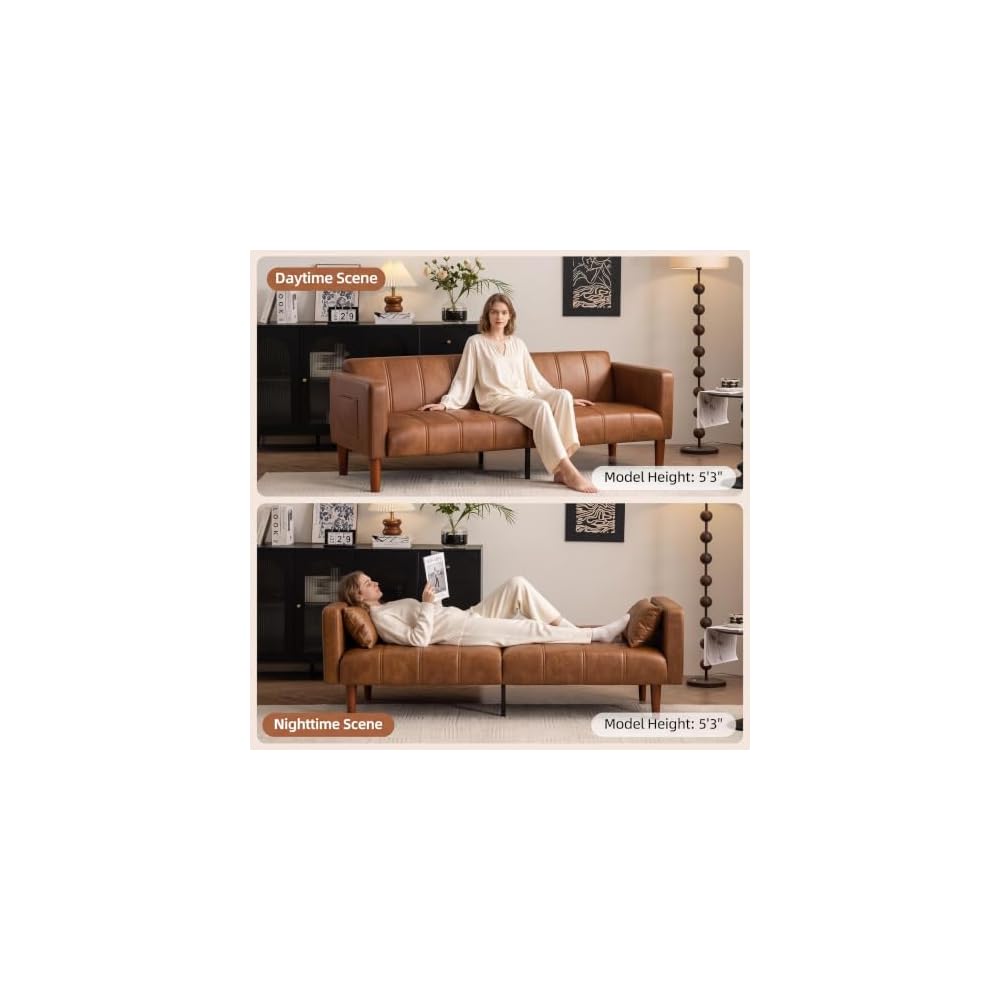 Garvee 75" Faux Leather Sofa Bed, Three Adjustable Angles, Brown