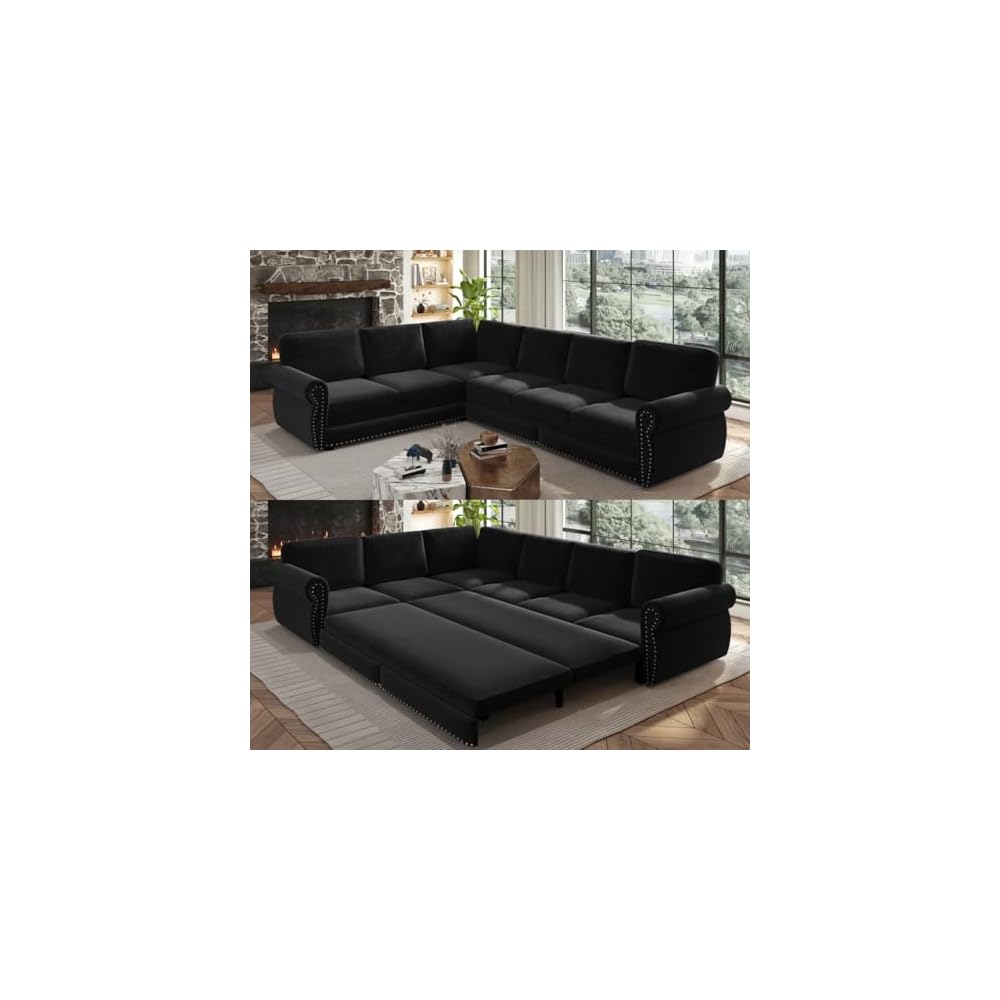 KCGKCG 118" Sleeper Sofa Bed, Sectional Couches for Living Room/Apartment, Chenille L Shaped Couch with Pull Out Couch Bed, Convertible Sectional Sofa with Rolled Arm & Nailhead Trim, Black