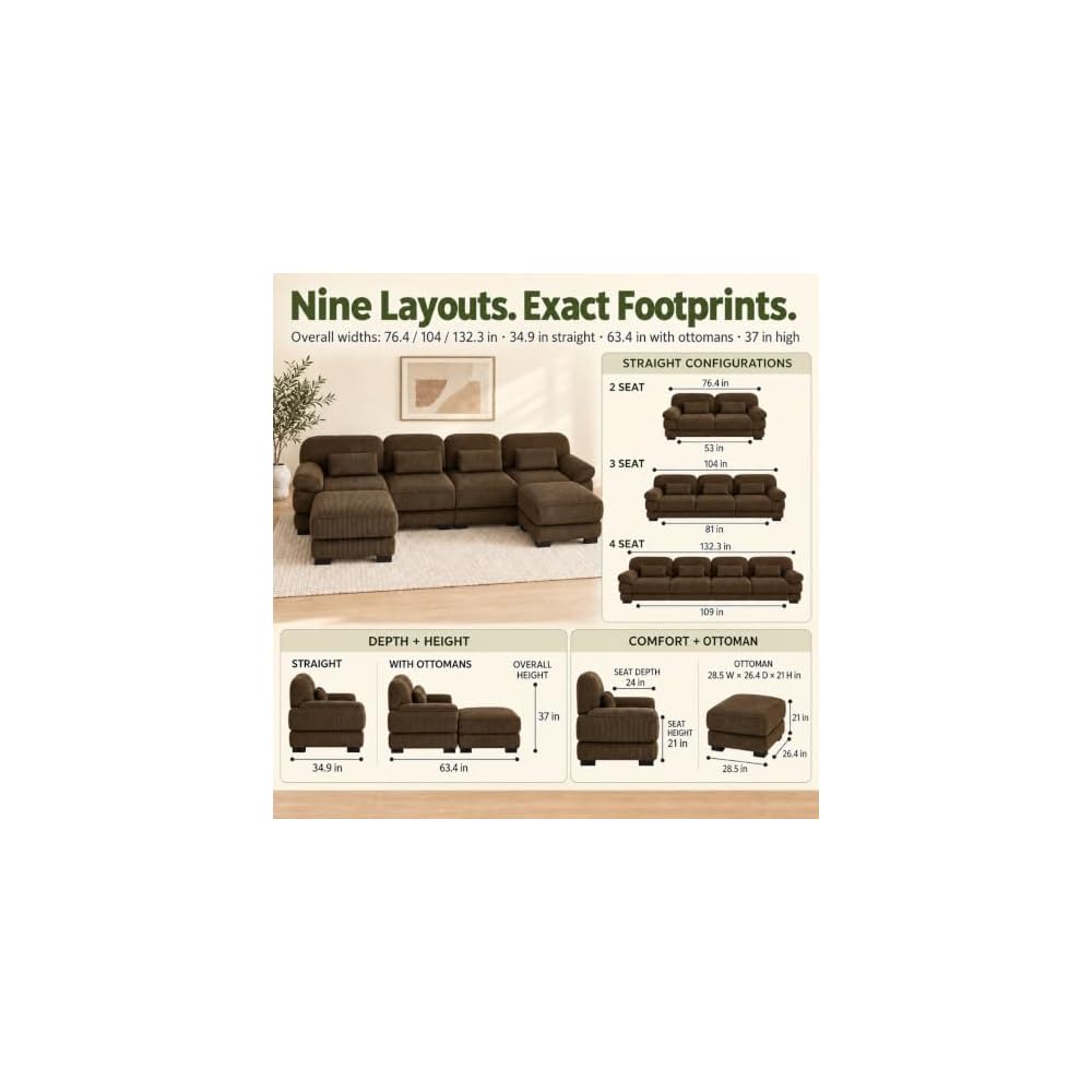 Home Living Room Couch, Modular Sectional Sofa, Brown 2-Seat Straight Couch