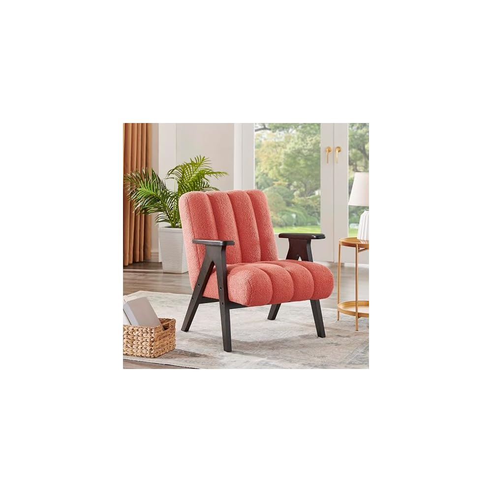 Roundhill Furniture Rella Modern Teddy Sherpa Accent Chair with Espresso Wood Frame, Beige