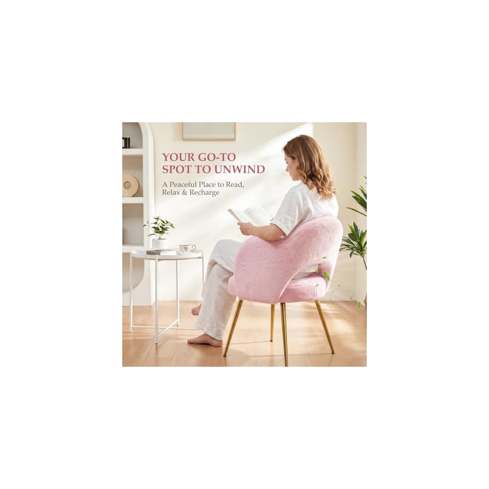 Vanity Chair with Gold Legs, Fluffy Makeup Chair for Bedroom, Pink