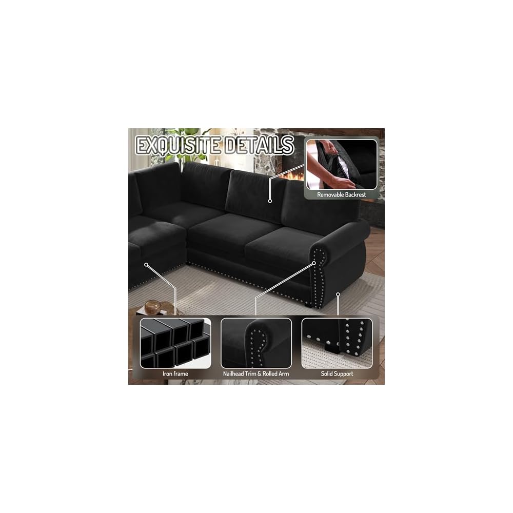 KCGKCG 118" Sleeper Sofa Bed, Sectional Couches for Living Room/Apartment, Chenille L Shaped Couch with Pull Out Couch Bed, Convertible Sectional Sofa with Rolled Arm & Nailhead Trim, Black