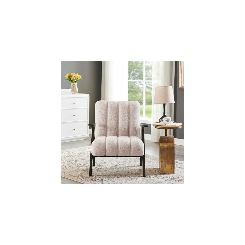 Roundhill Furniture Rella Modern Teddy Sherpa Accent Chair with Espresso Wood Frame, Beige