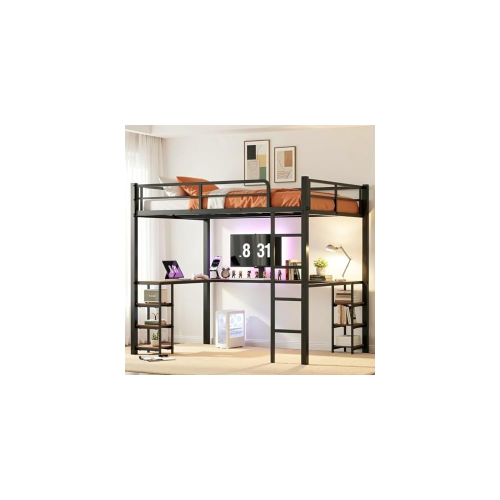 Full Loft Bed with Desk & Shelves for Teens/Adults, Guardrails, Ladder