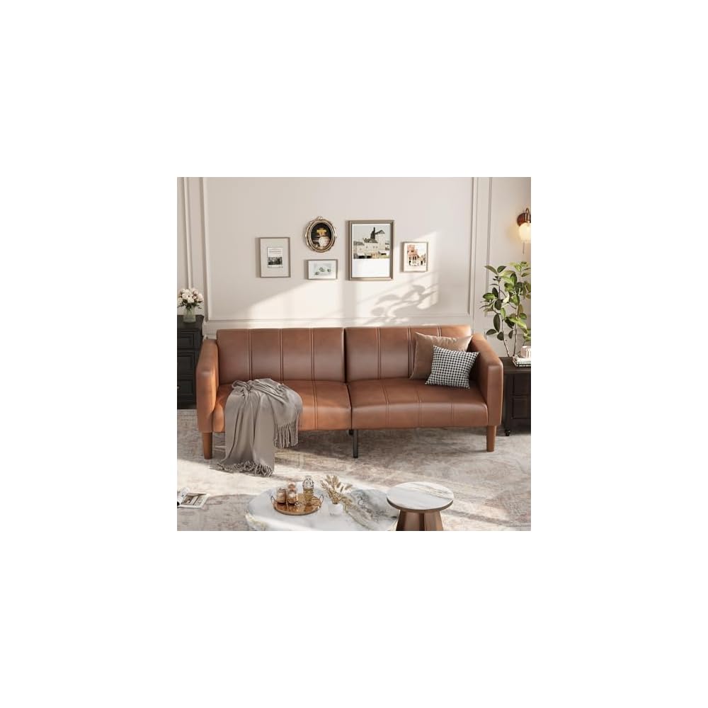 Garvee 75" Faux Leather Sofa Bed, Three Adjustable Angles, Brown