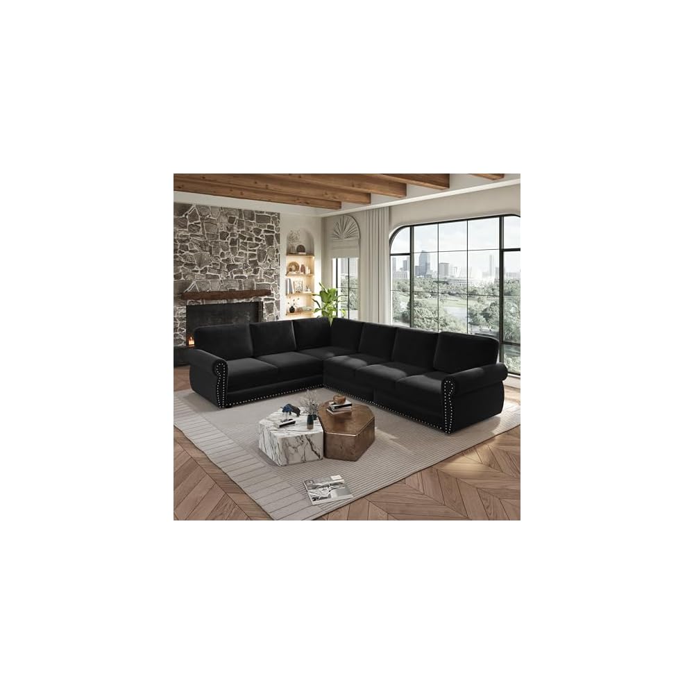 KCGKCG 118" Sleeper Sofa Bed, Sectional Couches for Living Room/Apartment, Chenille L Shaped Couch with Pull Out Couch Bed, Convertible Sectional Sofa with Rolled Arm & Nailhead Trim, Black
