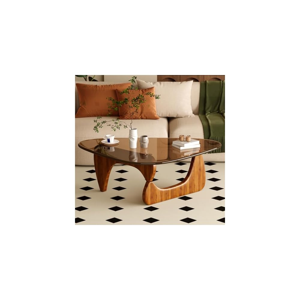 Coffee Table for Living Room Mid Century Modern Center Table with Glass Top and Wood, 32 Inch, Brown/Black