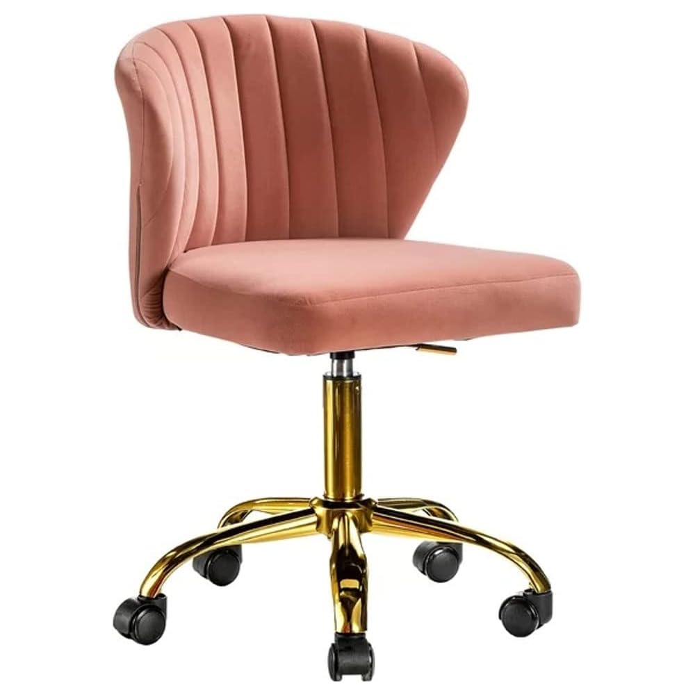 Comfy Home Office Velvet Task Chair,Cushioned Channel-Tufted Seat & Contoured Back|Ergonomic Desk Reclining Gaming |Gold Finished Metal Legs Wheels,Seat Height Adjustable & Swivel, Light Pink Color