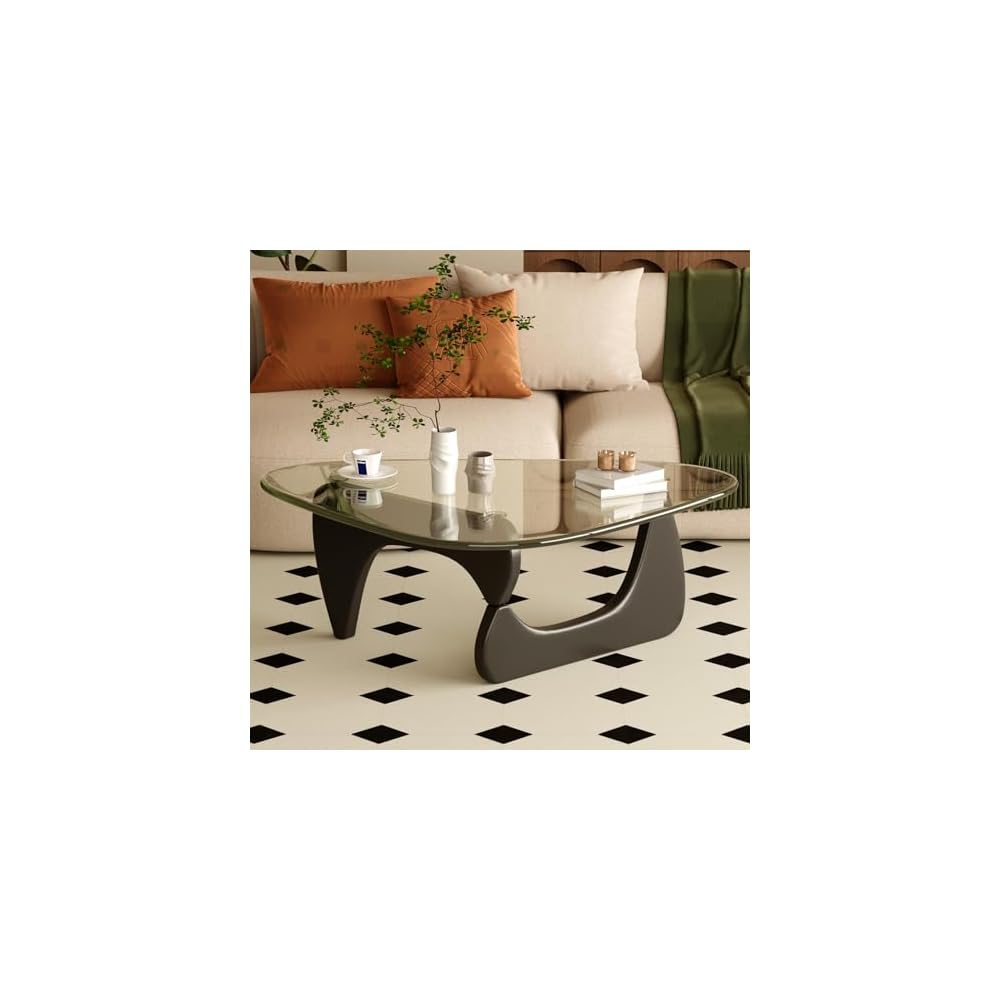 Coffee Table for Living Room Mid Century Modern Center Table with Glass Top and Wood, 32 Inch, Brown/Black