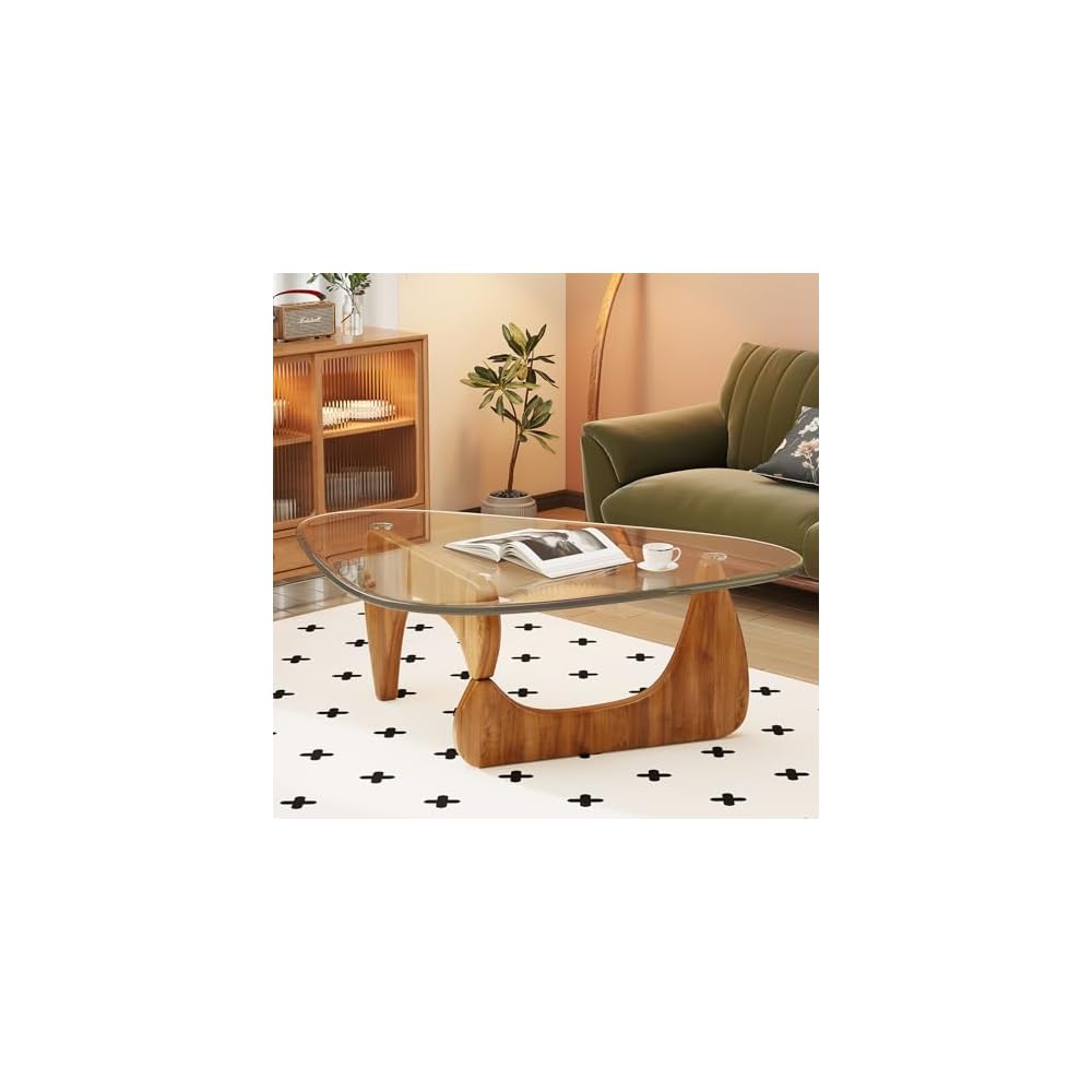 Coffee Table for Living Room Mid Century Modern Center Table with Glass Top and Wood, 32 Inch, Brown/Black