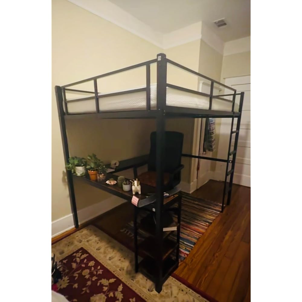 Full Loft Bed with Desk & Shelves for Teens/Adults, Guardrails, Ladder