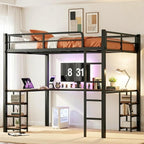 Full Loft Bed with Desk & Shelves for Teens/Adults, Guardrails, Ladder