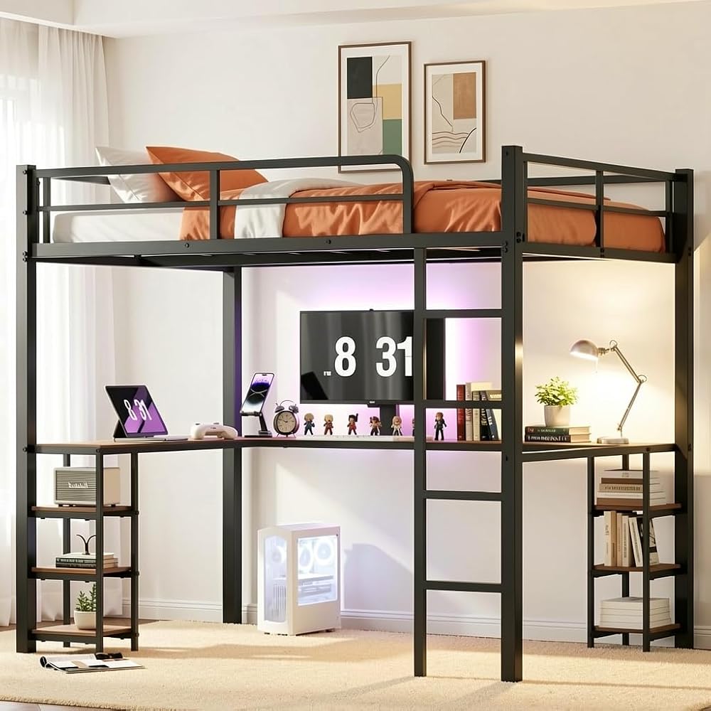 Full Loft Bed with Desk & Shelves for Teens/Adults, Guardrails, Ladder