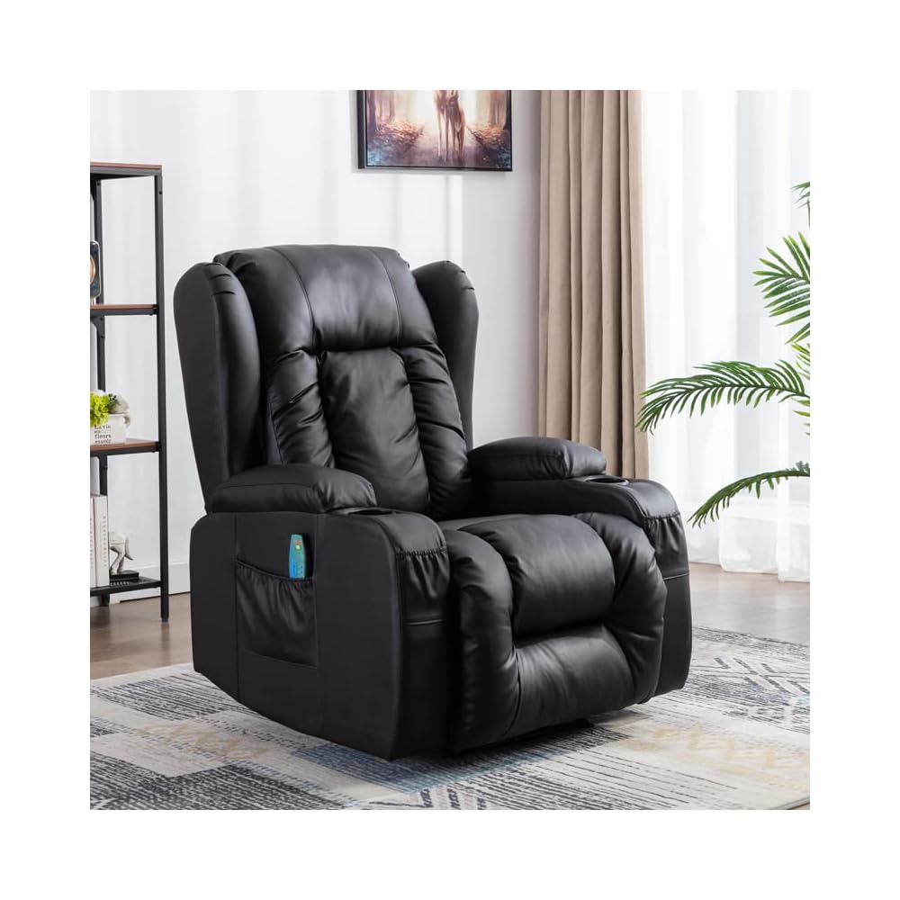Leather Recliner Chair, Modern Living Room Chair for Adults with Massage and Heating Functions, Recliner Rocking Chair for Bedroom with Remote Control, Lazy Boy Recliner for Small Spaces (Black)