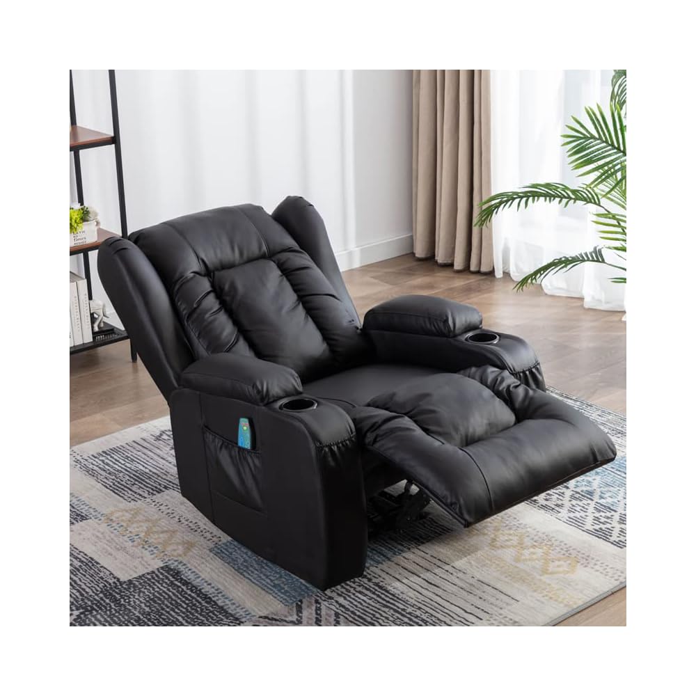 Leather Recliner Chair, Modern Living Room Chair for Adults with Massage and Heating Functions, Recliner Rocking Chair for Bedroom with Remote Control, Lazy Boy Recliner for Small Spaces (Black)