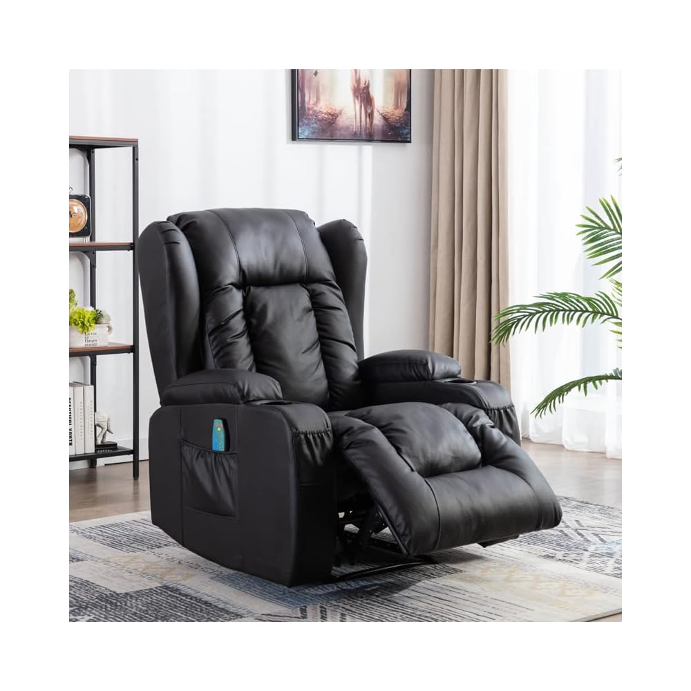 Leather Recliner Chair, Modern Living Room Chair for Adults with Massage and Heating Functions, Recliner Rocking Chair for Bedroom with Remote Control, Lazy Boy Recliner for Small Spaces (Black)