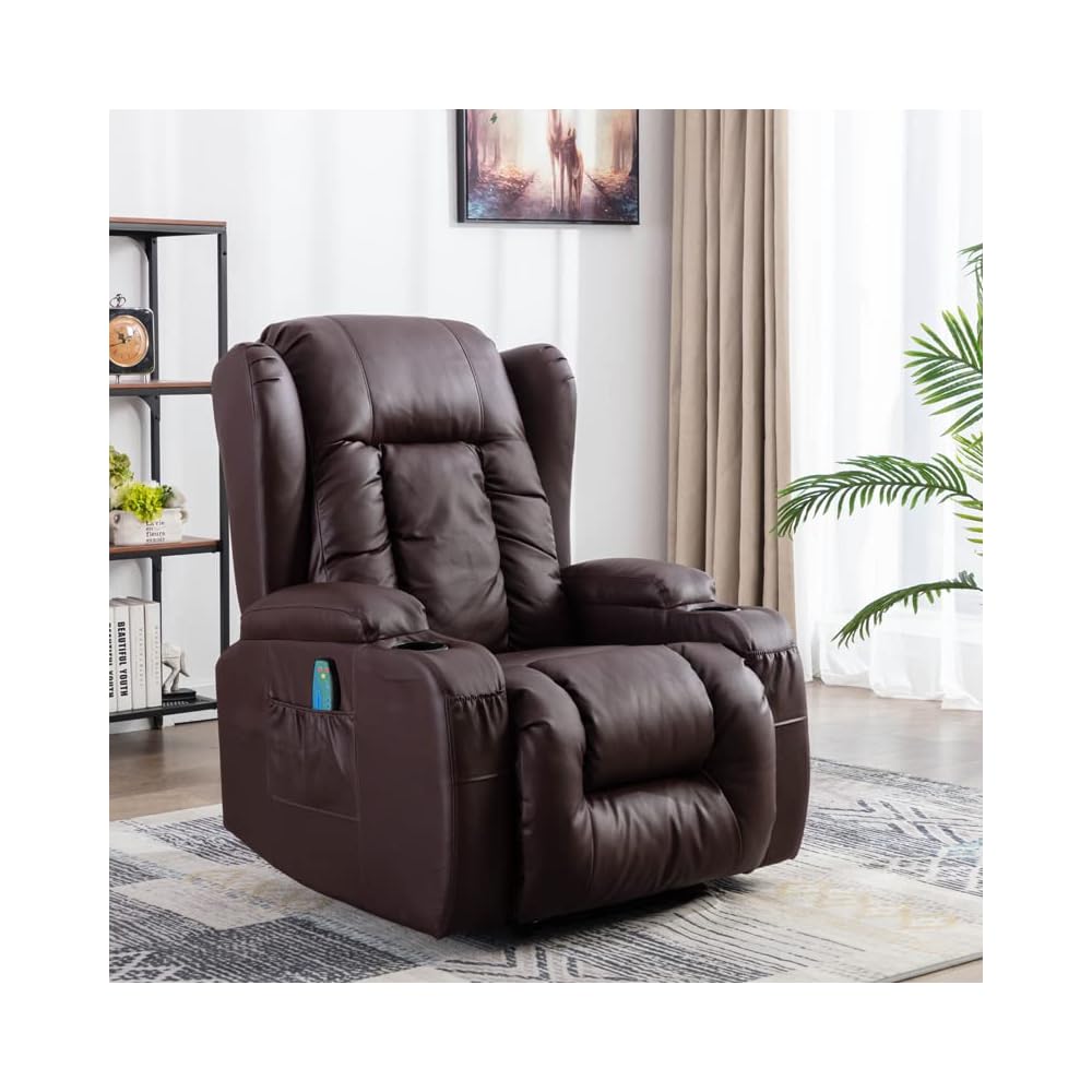 Leather Recliner Chair, Modern Living Room Chair for Adults with Massage and Heating Functions, Recliner Rocking Chair for Bedroom with Remote Control, Lazy Boy Recliner for Small Spaces (Black)