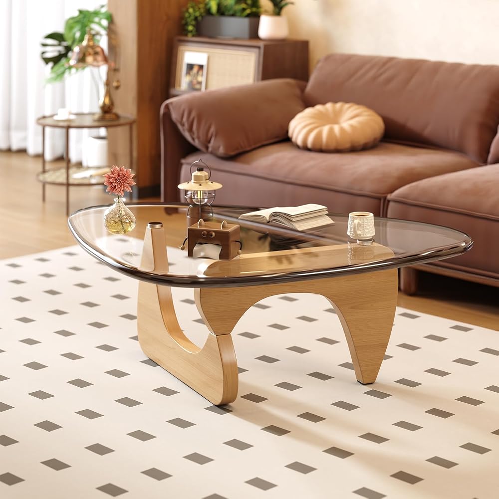 Coffee Table for Living Room Mid Century Modern Center Table with Glass Top and Wood, 32 Inch, Brown/Black
