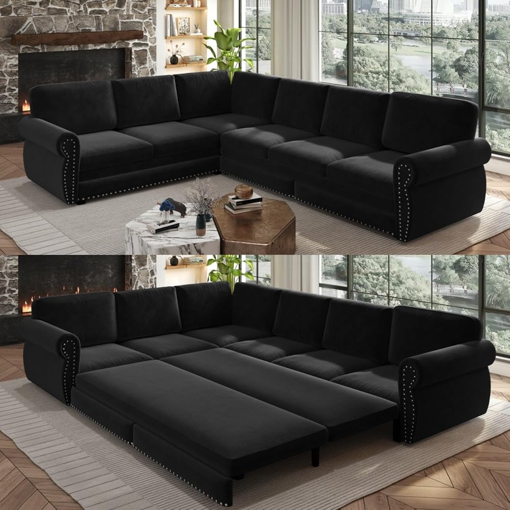 KCGKCG 118" Sleeper Sofa Bed, Sectional Couches for Living Room/Apartment, Chenille L Shaped Couch with Pull Out Couch Bed, Convertible Sectional Sofa with Rolled Arm & Nailhead Trim, Black