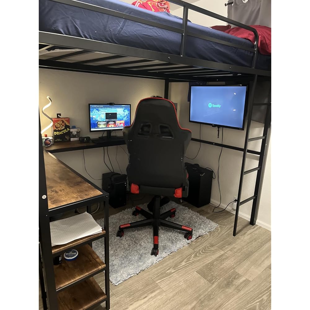 Full Loft Bed with Desk & Shelves for Teens/Adults, Guardrails, Ladder