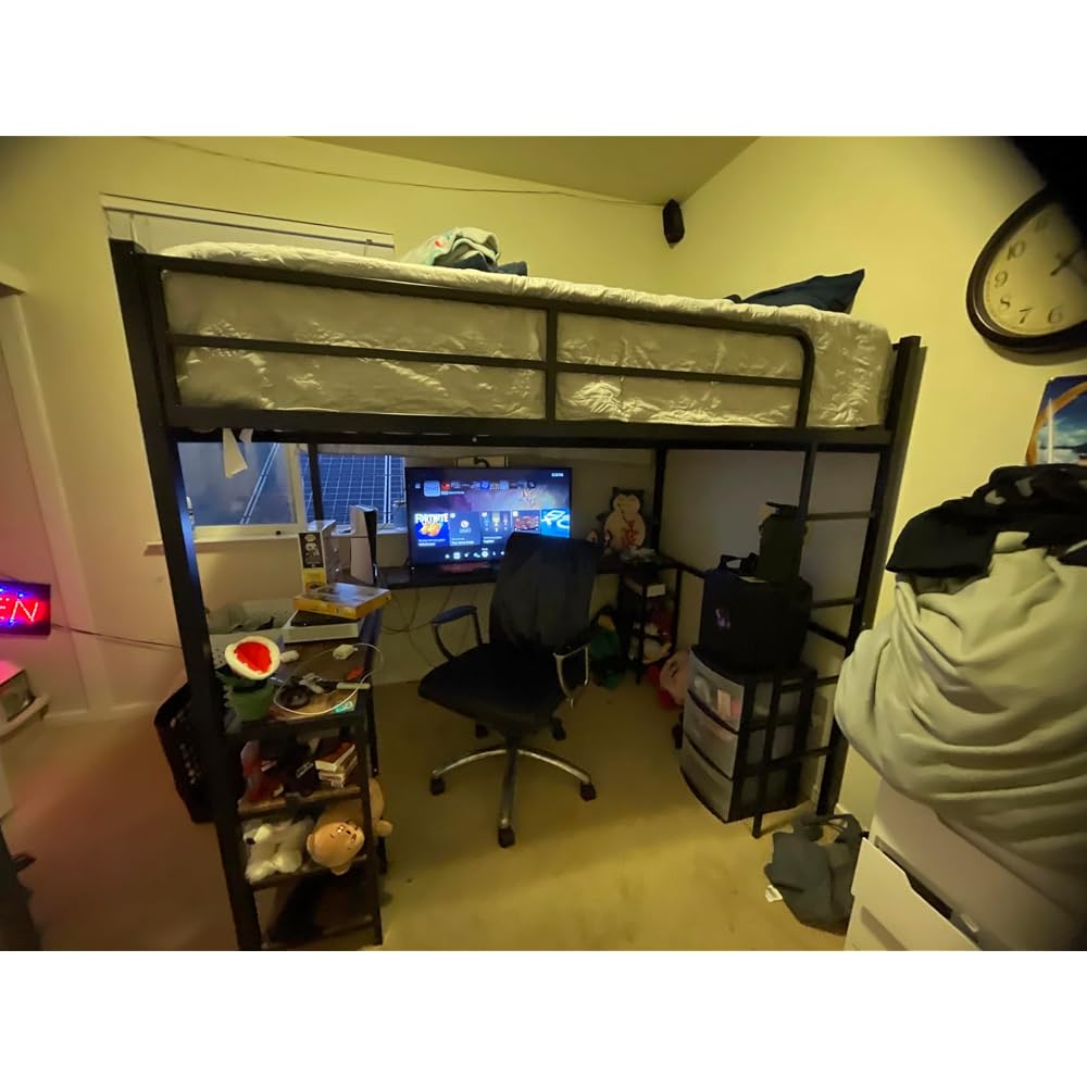 Full Loft Bed with Desk & Shelves for Teens/Adults, Guardrails, Ladder